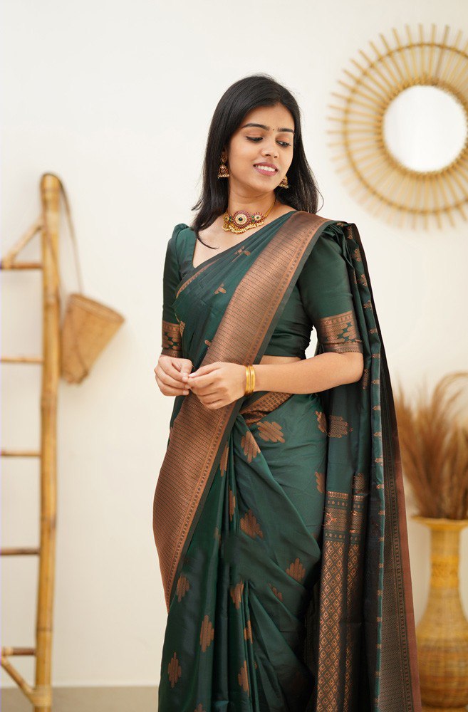 Exquisite Bottle Green Banarasi Silk Saree with Rich Copper Zari Border