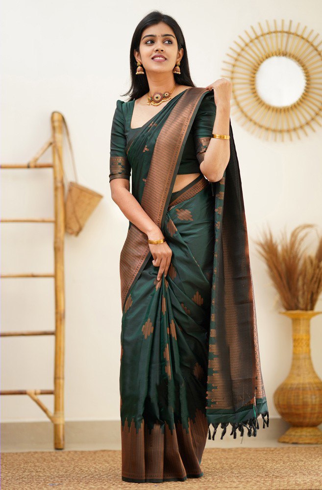 Exquisite Bottle Green Banarasi Silk Saree with Rich Copper Zari Border