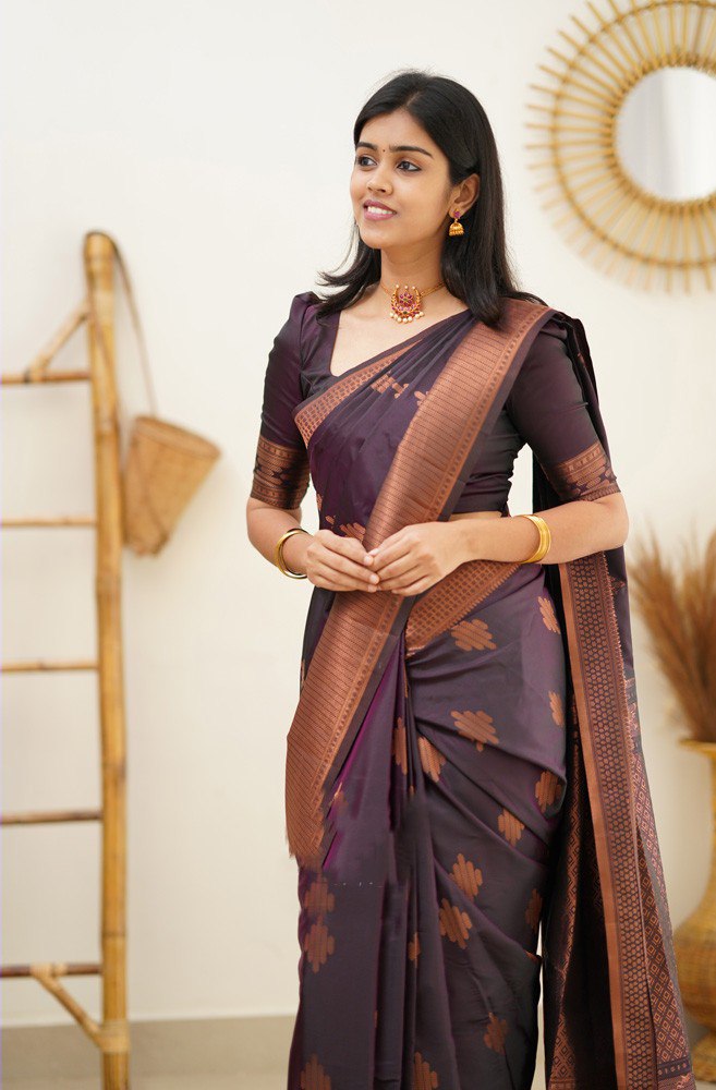 Elegant Deep Plum Banarasi Silk Saree with Copper Zari Motifs