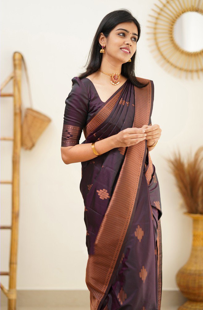 Elegant Deep Plum Banarasi Silk Saree with Copper Zari Motifs
