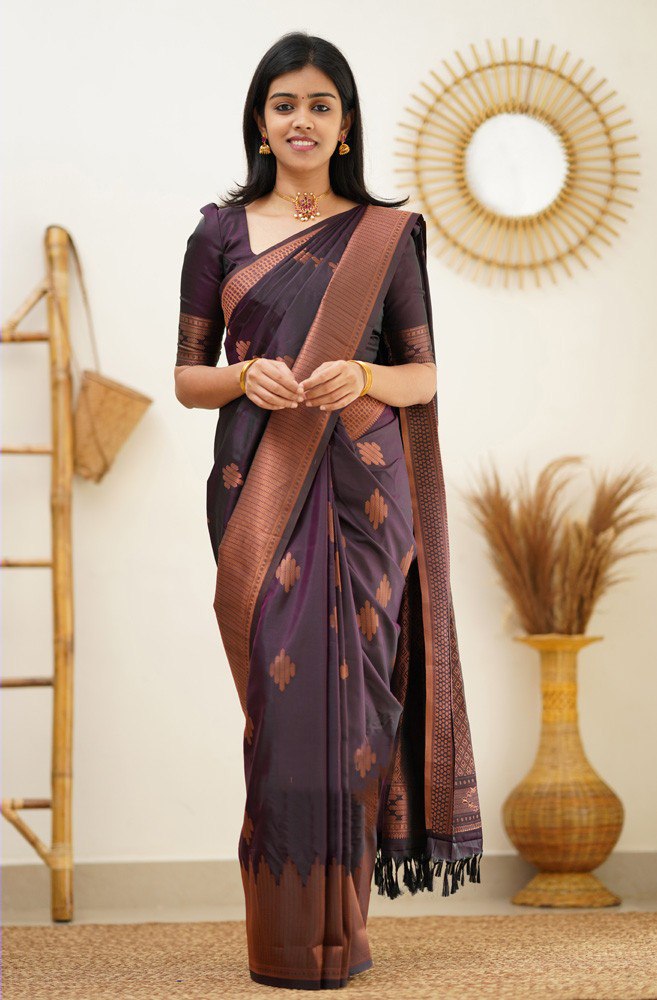 Elegant Deep Plum Banarasi Silk Saree with Copper Zari Motifs