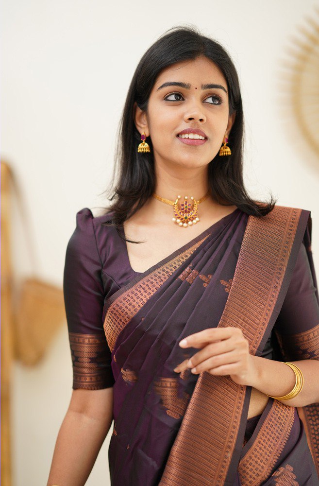 Elegant Deep Plum Banarasi Silk Saree with Copper Zari Motifs