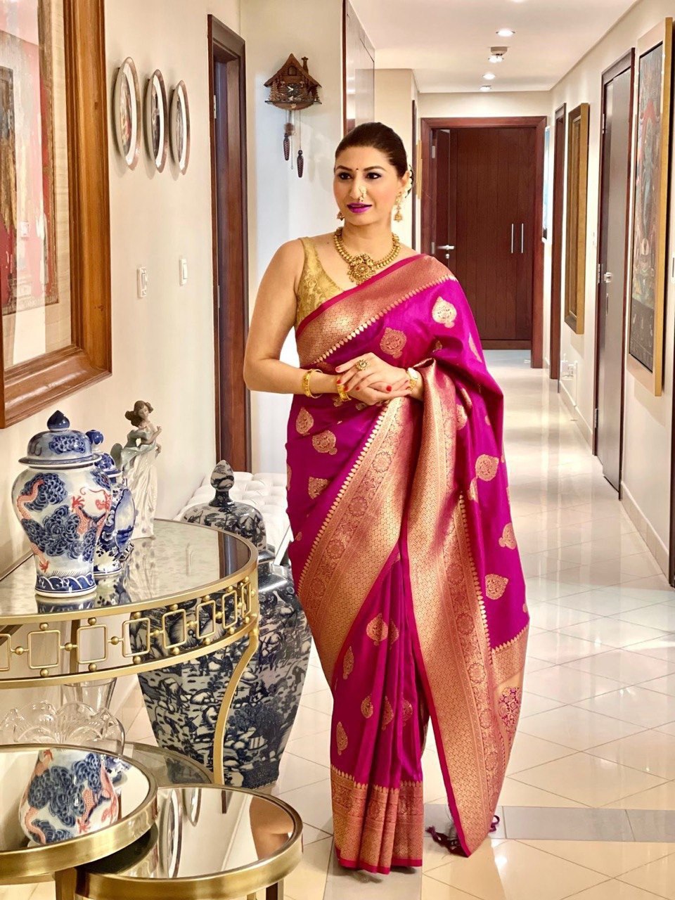 Regal Magenta Handwoven Banarasi Silk Saree with Intricate Gold Zari Border