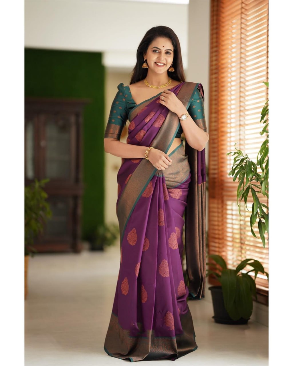 Royal Purple Banarasi Silk Saree with Enchanting Teardrop Motifs & Antique Bronze Border