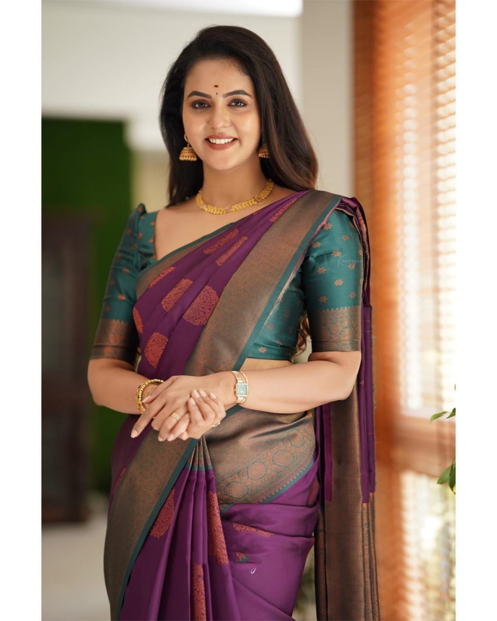 Royal Purple Banarasi Silk Saree with Enchanting Teardrop Motifs & Antique Bronze Border