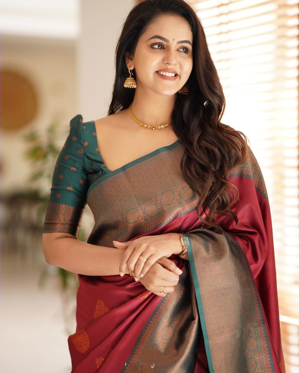 Regal Maroon Banarasi Silk Saree with Contrast Teal Border