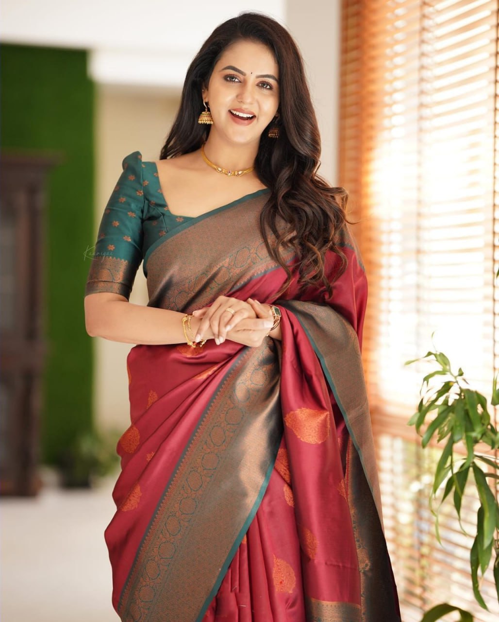 Regal Maroon Banarasi Silk Saree with Contrast Teal Border