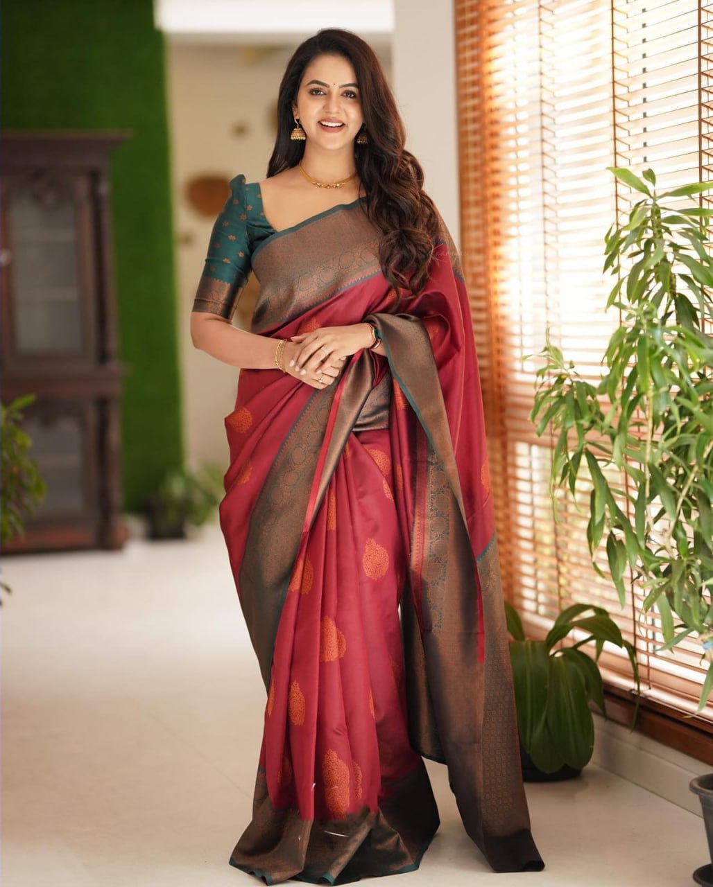 Regal Maroon Banarasi Silk Saree with Contrast Teal Border