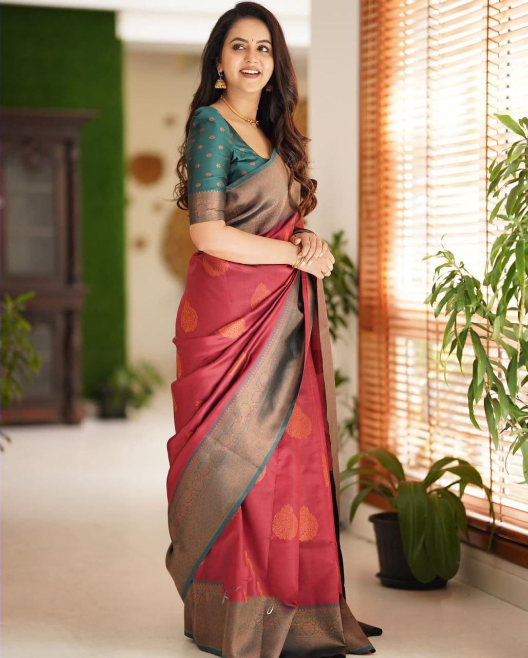 Regal Maroon Banarasi Silk Saree with Contrast Teal Border