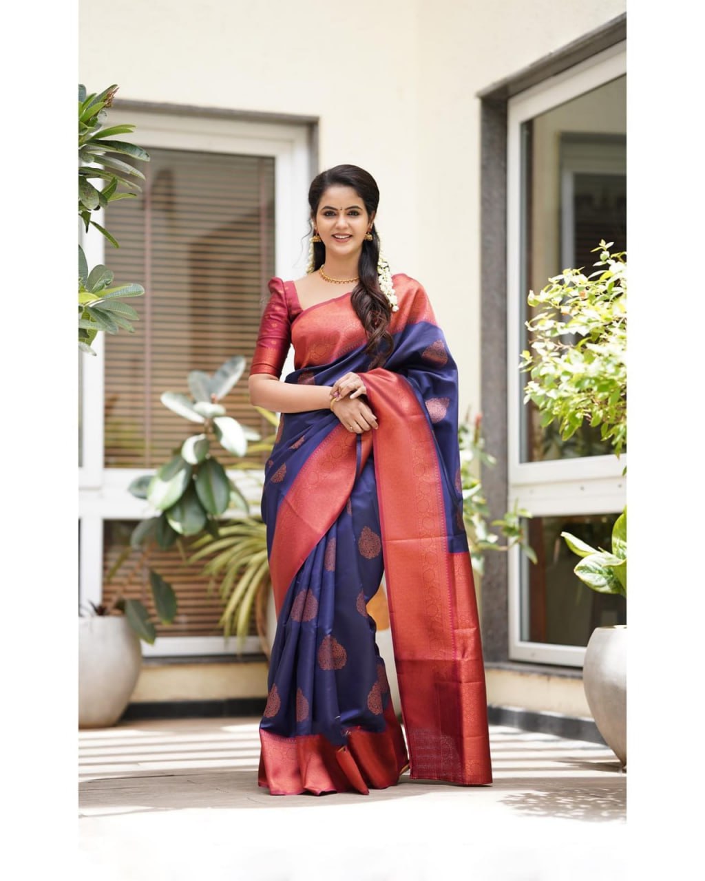 Royal Navy Blue Banarasi Silk Saree with Rich Copper Zari Border