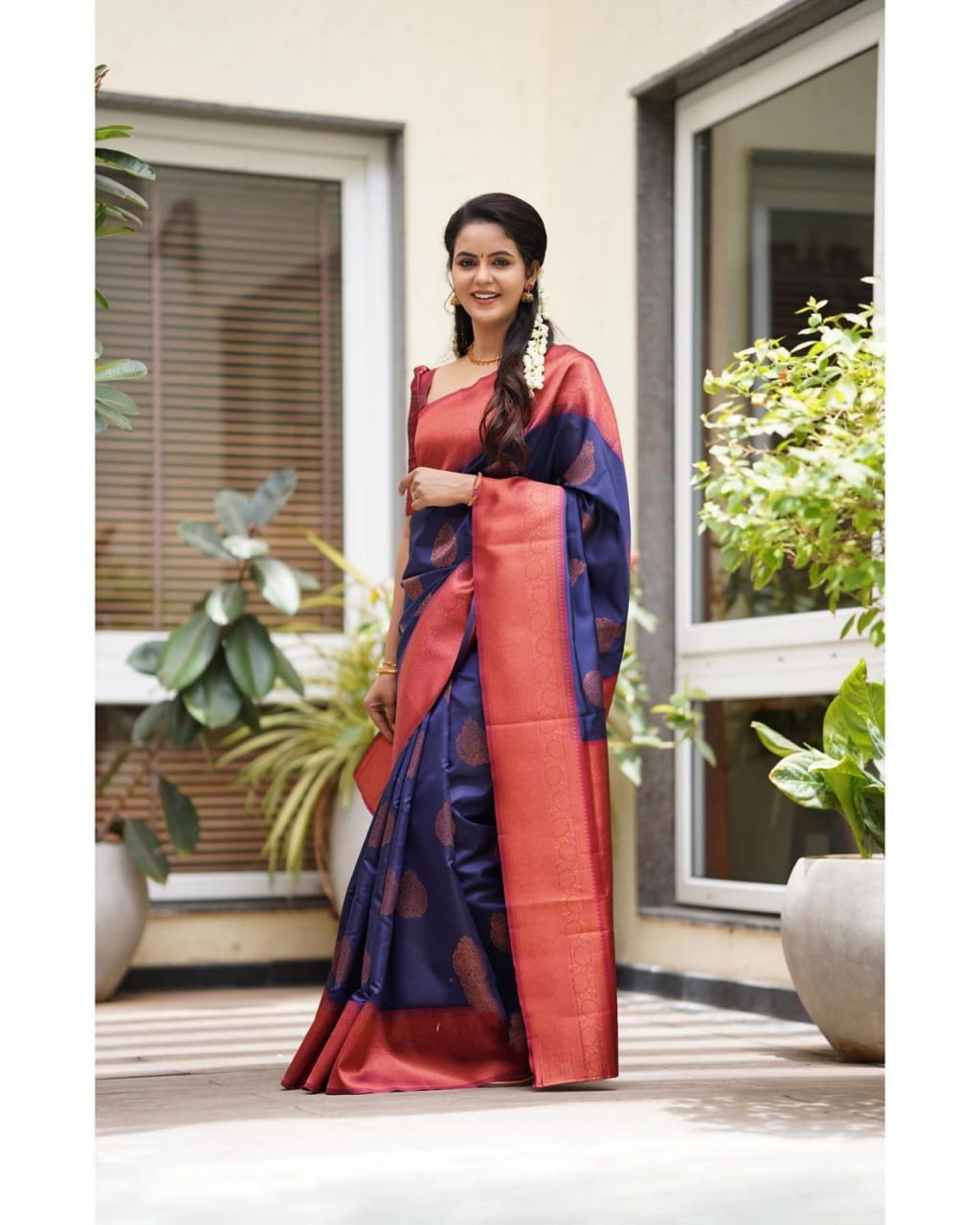 Royal Navy Blue Banarasi Silk Saree with Rich Copper Zari Border