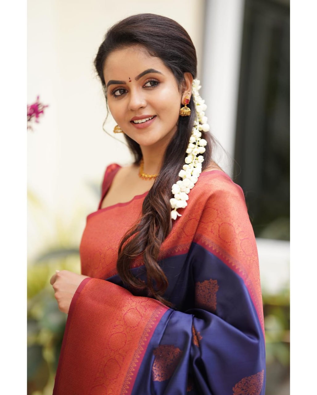 Royal Navy Blue Banarasi Silk Saree with Rich Copper Zari Border