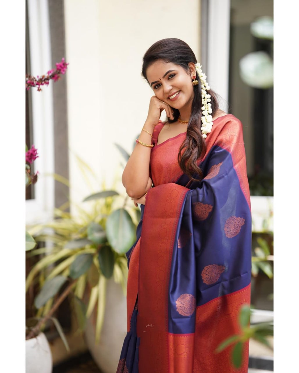 Royal Navy Blue Banarasi Silk Saree with Rich Copper Zari Border