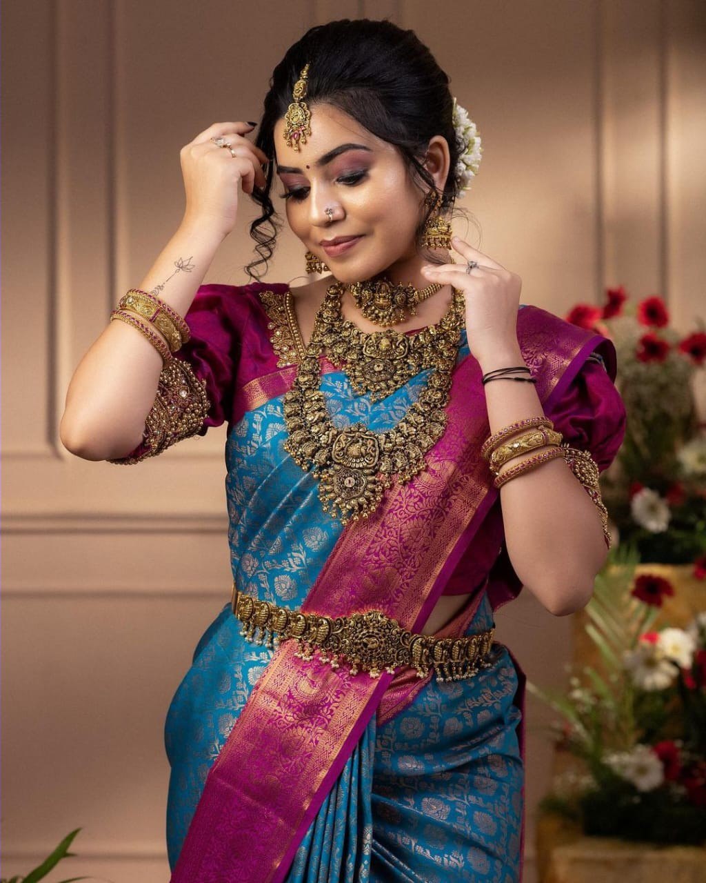 Exquisite Royal Azure Blue Banarasi Silk Saree with Rich Magenta Zari Border