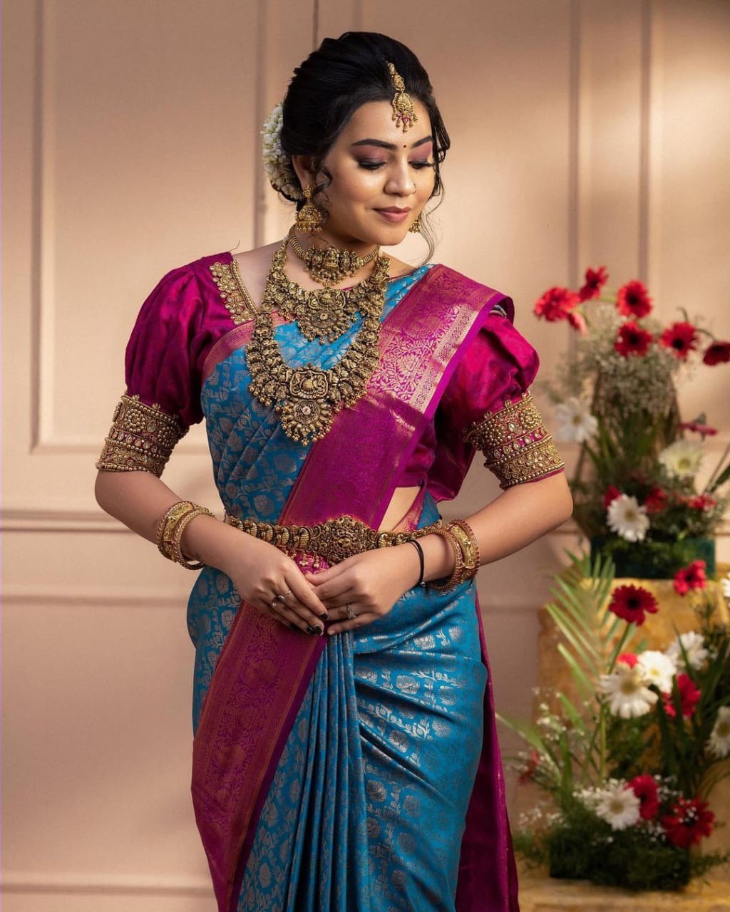 Exquisite Royal Azure Blue Banarasi Silk Saree with Rich Magenta Zari Border