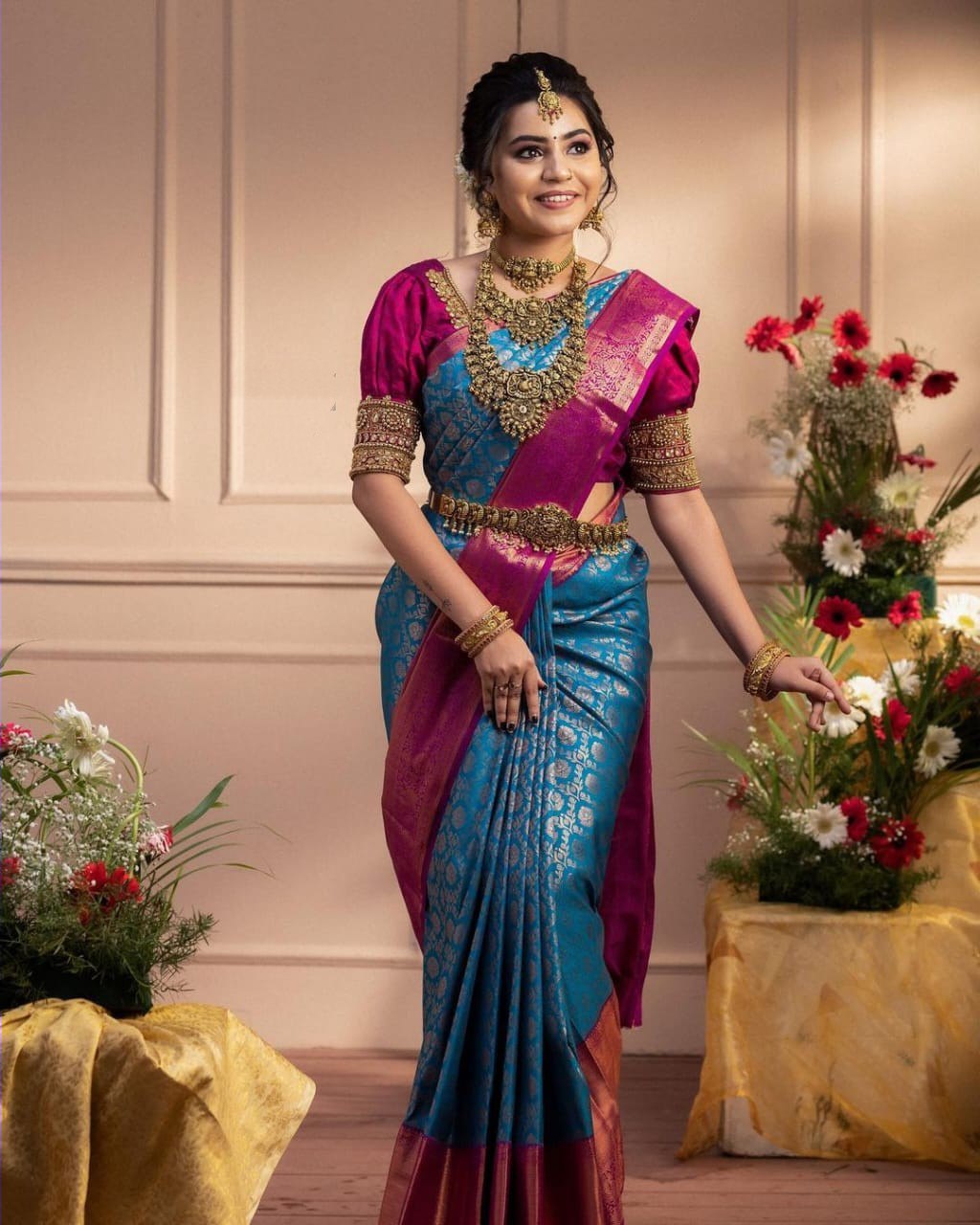 Exquisite Royal Azure Blue Banarasi Silk Saree with Rich Magenta Zari Border
