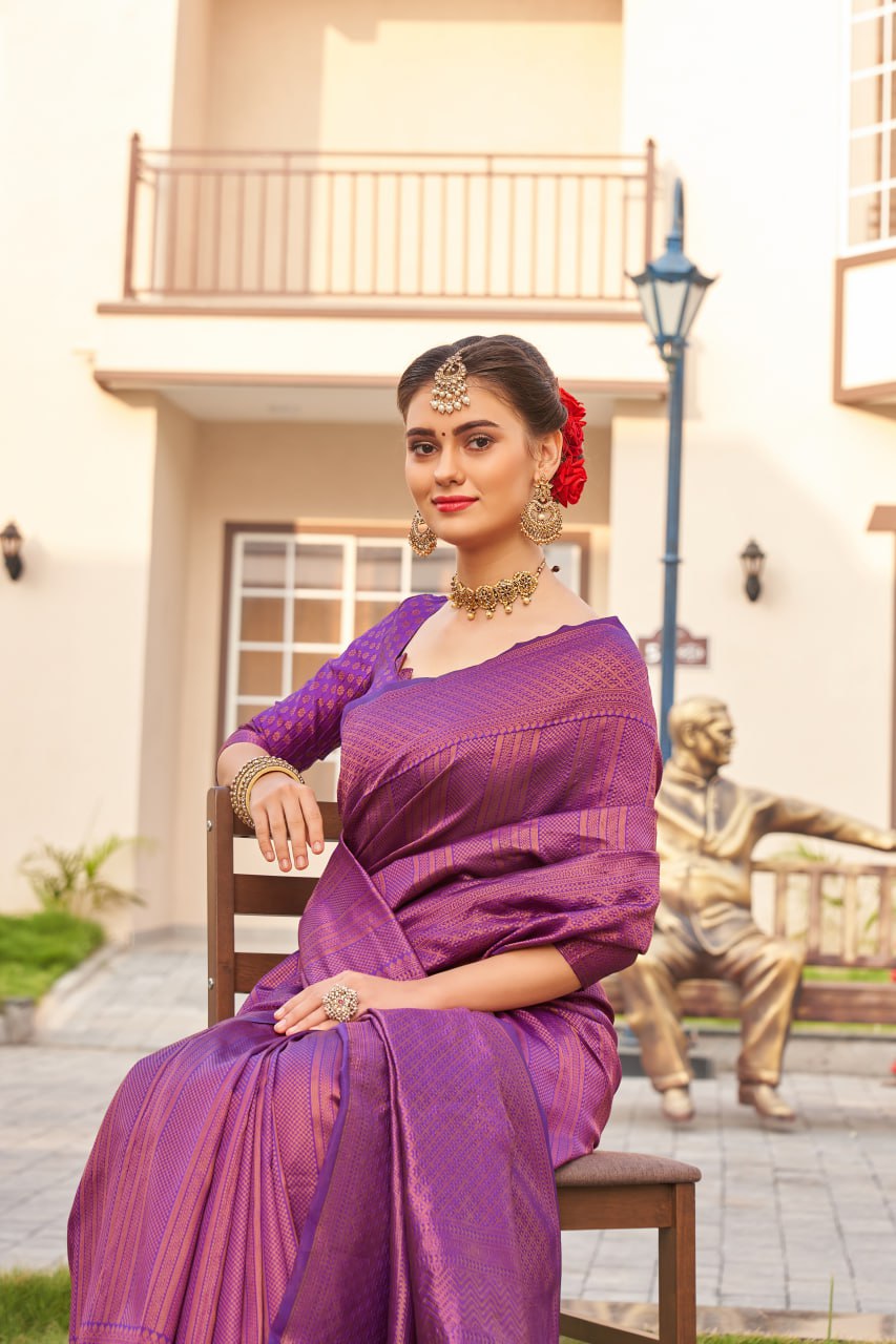 Royal Purple Banarasi Silk Saree with Intricate Gold Zari Weave