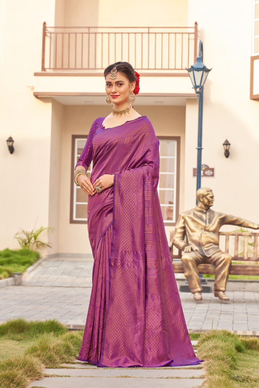 Royal Purple Banarasi Silk Saree with Intricate Gold Zari Weave