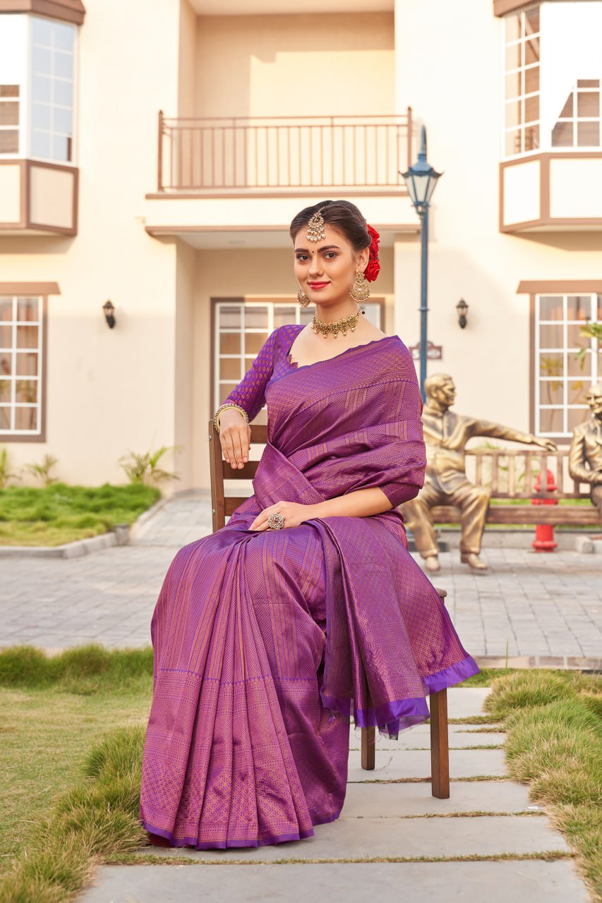 Royal Purple Banarasi Silk Saree with Intricate Gold Zari Weave