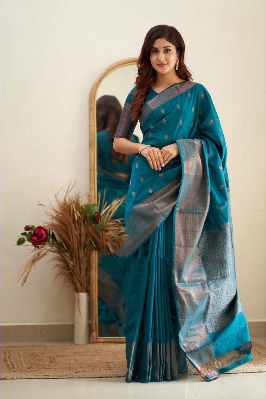 Regal Teal Blue Hand-Woven Banarasi Silk Saree with Antique Zari Border