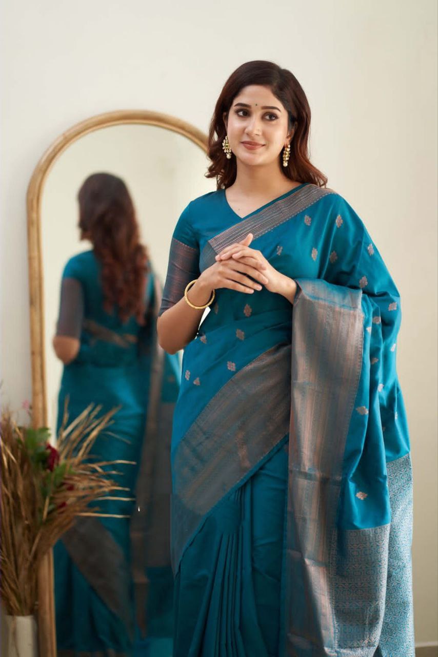 Regal Teal Blue Hand-Woven Banarasi Silk Saree with Antique Zari Border