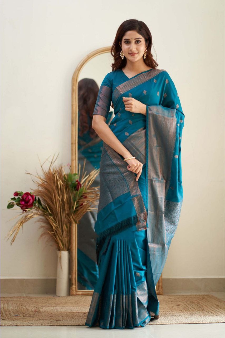 Regal Teal Blue Hand-Woven Banarasi Silk Saree with Antique Zari Border