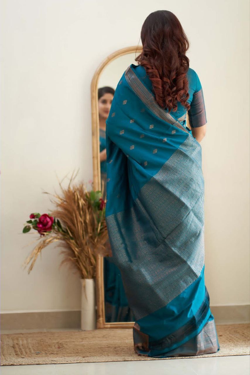 Regal Teal Blue Hand-Woven Banarasi Silk Saree with Antique Zari Border