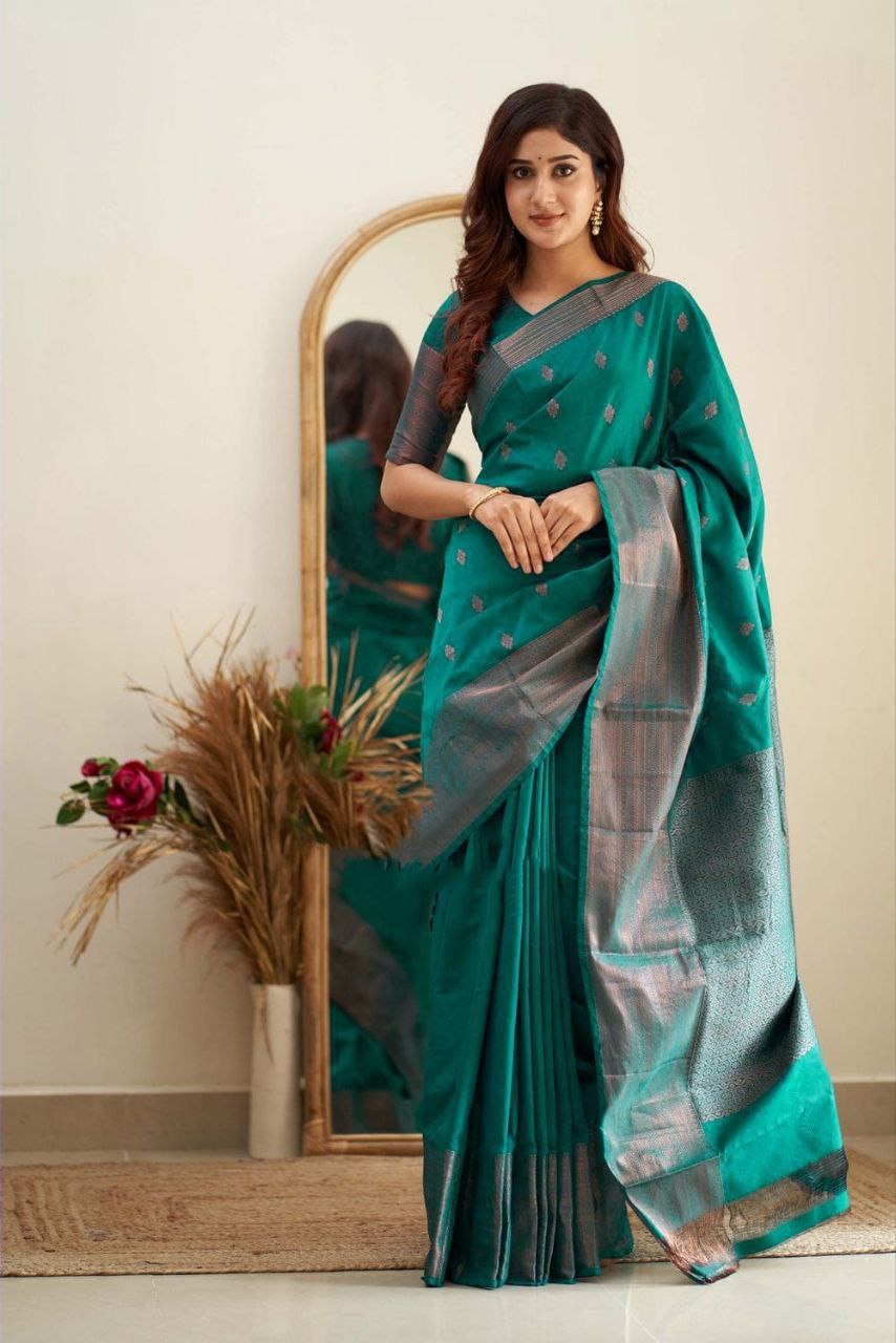 Enchanting Emerald Banarasi Silk Saree with Rich Silver Zari Border