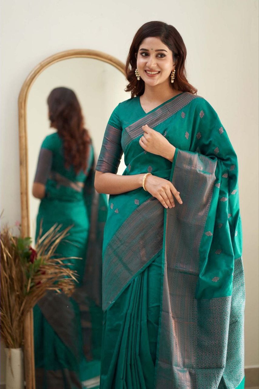 Enchanting Emerald Banarasi Silk Saree with Rich Silver Zari Border