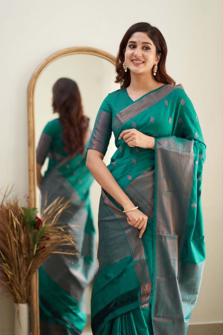 Enchanting Emerald Banarasi Silk Saree with Rich Silver Zari Border