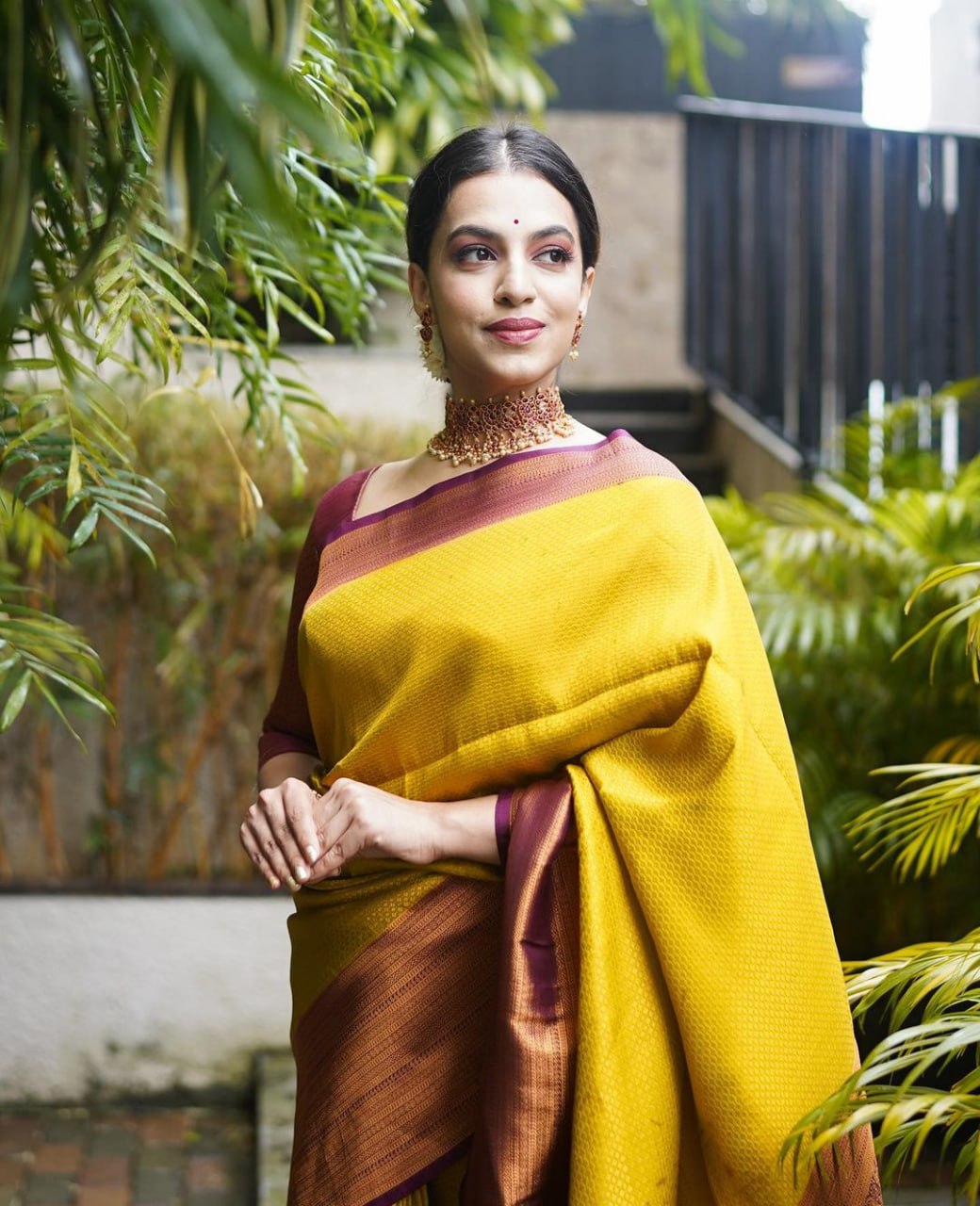 Regal Mustard Yellow Banarasi Silk Saree with Rich Wine Border