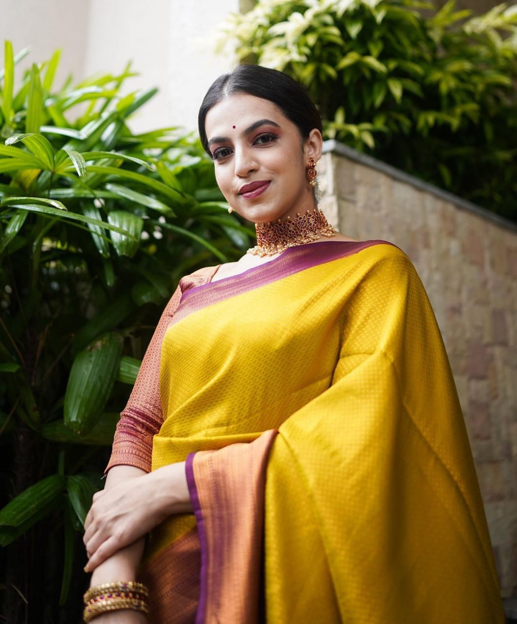 Regal Mustard Yellow Banarasi Silk Saree with Rich Wine Border