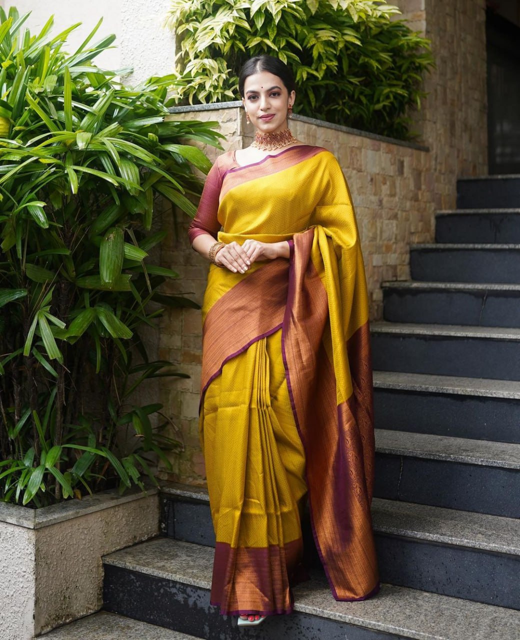 Regal Mustard Yellow Banarasi Silk Saree with Rich Wine Border