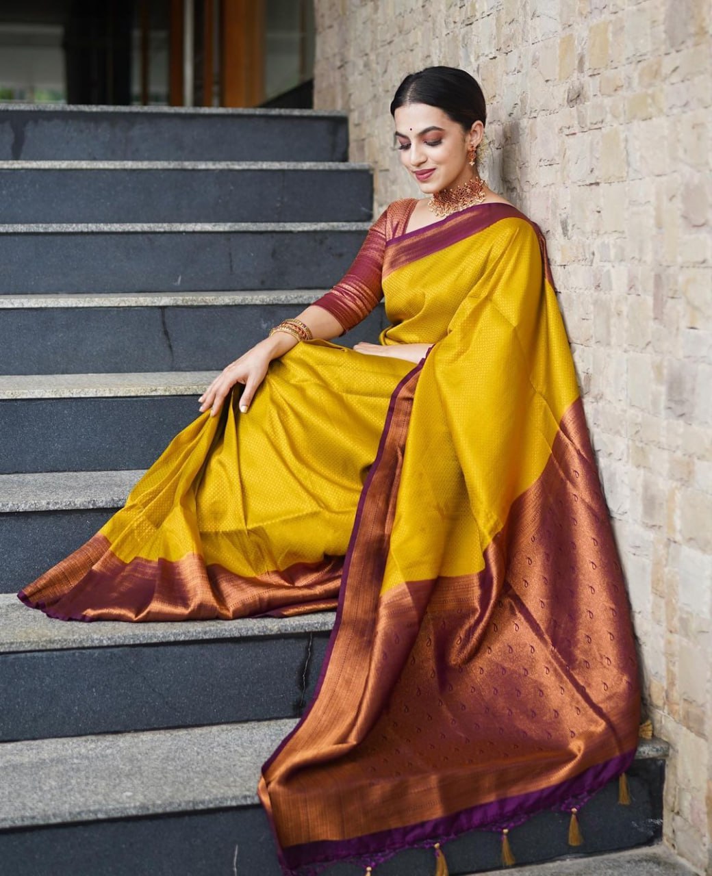 Regal Mustard Yellow Banarasi Silk Saree with Rich Wine Border