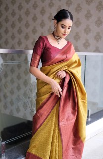 Exquisite Mustard & Maroon Banarasi Silk Saree  A Masterpiece of Traditional Grace