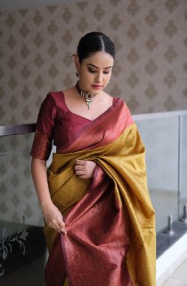 Exquisite Mustard & Maroon Banarasi Silk Saree  A Masterpiece of Traditional Grace