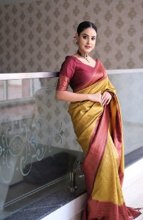 Exquisite Mustard & Maroon Banarasi Silk Saree  A Masterpiece of Traditional Grace