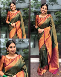 Royal Banarasi Weave Metallic Copper & Olive Silk Saree