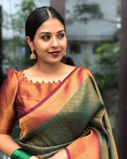 Royal Banarasi Weave Metallic Copper & Olive Silk Saree