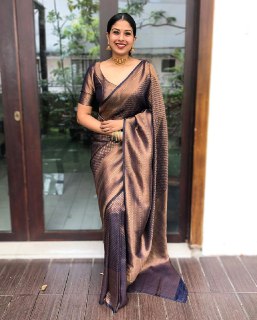 Royal Navy & Copper Zari Banarasi Silk Saree Handwoven Timeless Elegance