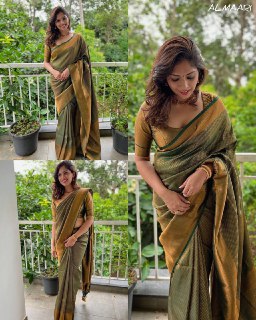 Luxe Olive & Gold Handwoven Banarasi Silk Saree