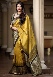 Mustard Yellow Banarasi Silk Saree with Traditional Motif Border