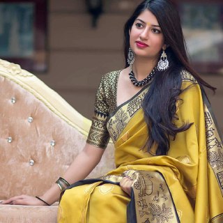 Mustard Yellow Banarasi Silk Saree with Traditional Motif Border