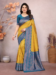 Radiant Mustard & Teal Banarasi Silk Saree with Rich Traditional Zari Border