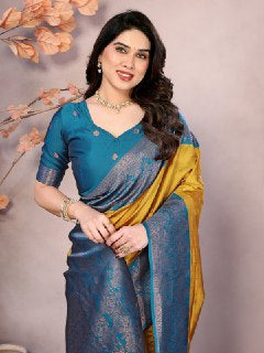 Radiant Mustard & Teal Banarasi Silk Saree with Rich Traditional Zari Border