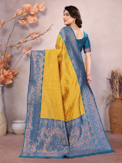 Radiant Mustard & Teal Banarasi Silk Saree with Rich Traditional Zari Border