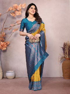 Radiant Mustard & Teal Banarasi Silk Saree with Rich Traditional Zari Border
