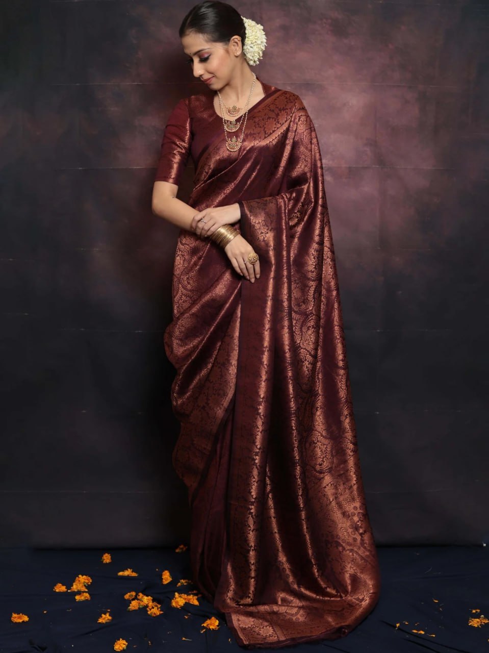 Timeless Maroon Banarasi Silk Saree with Intricate Floral Weave