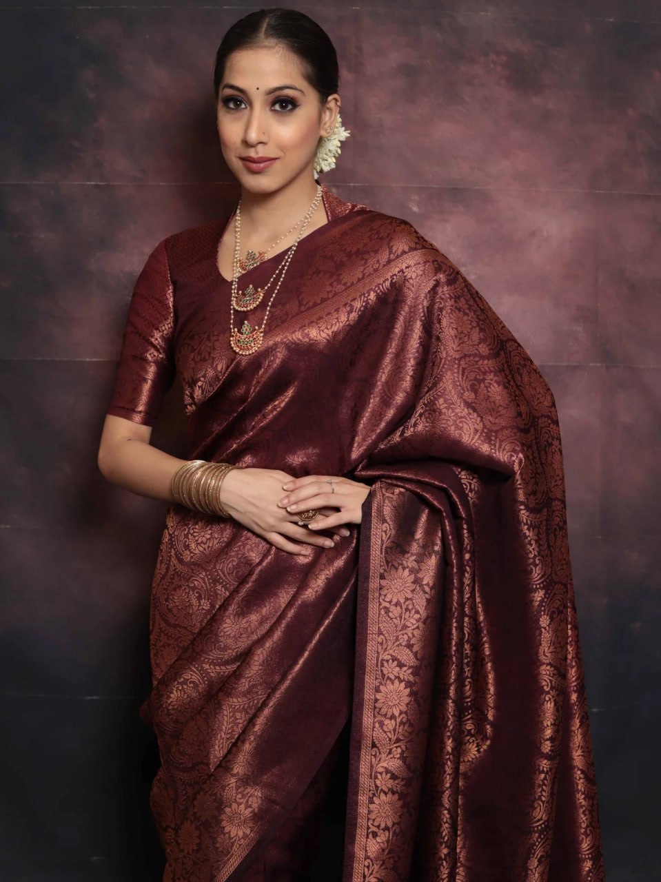 Timeless Maroon Banarasi Silk Saree with Intricate Floral Weave
