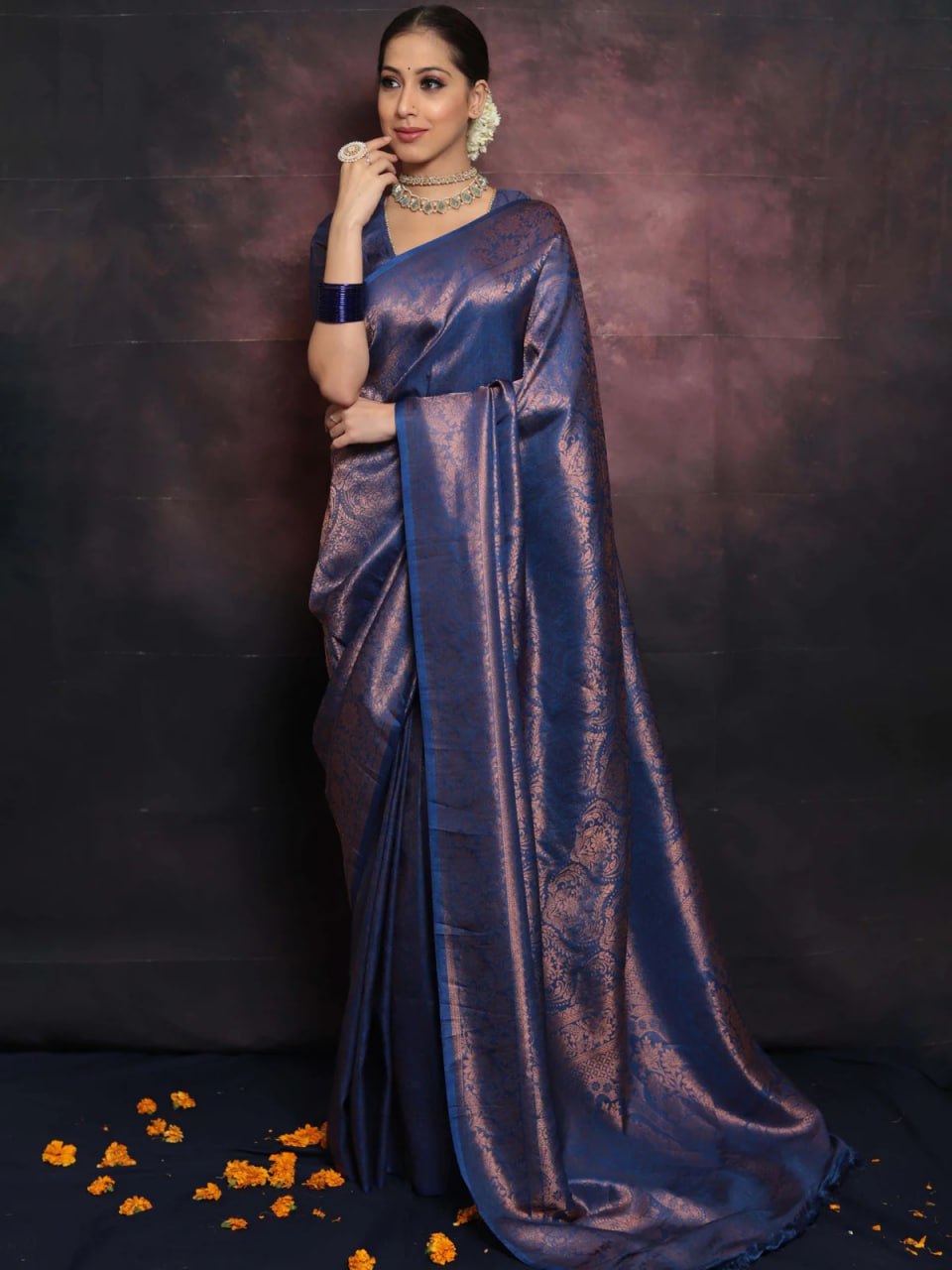 Royal Midnight Blue Banarasi Silk Saree with Intricate Copper Zari Weave